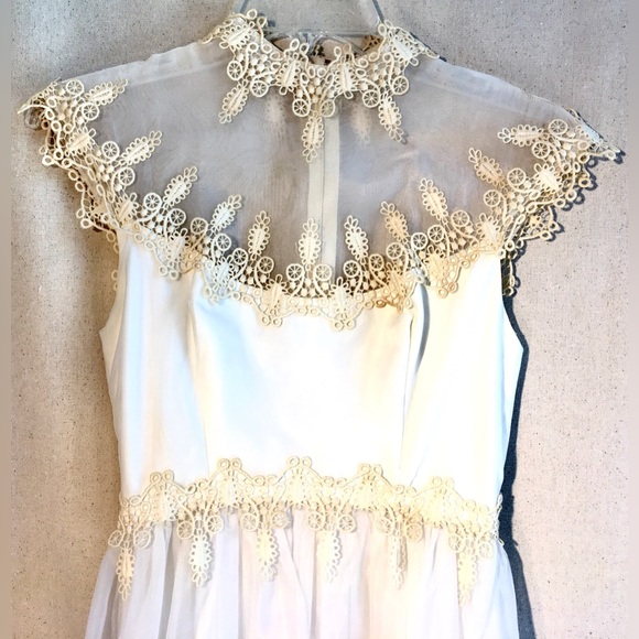 VINTAGE Ivory White Sleeveless Evening gown Lace trim Sheer High neckline Luxe - Picture 3 of 15